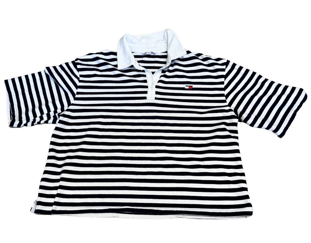 Tommy Hilfiger Sport Women’s Large Navy & White Striped Shirt Coastal Preppy - Picture 1 of 10